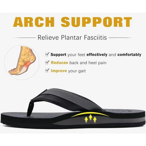 👑Men's Flip Flop Sandal Black Grey Leather Slip On Arch Support Comfortable